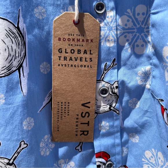 NWT VSTR PREMIUM Men’s Buttoned Down Shirt Size XL Light Blue Skull Snowmen - Picture 7 of 8